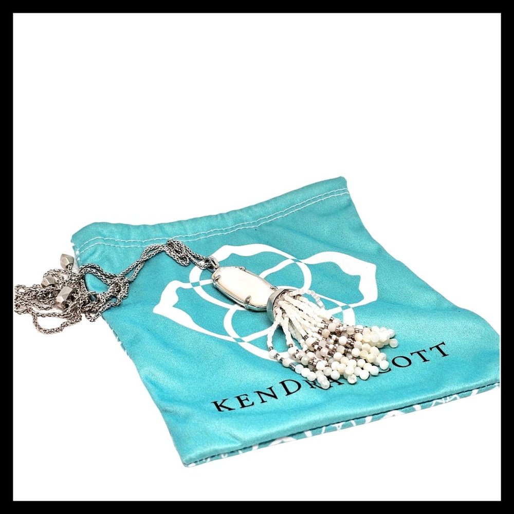 Kendra Scott Eva Necklace White Mother Of Pearl Long Tassel Pedant Beaded Silver